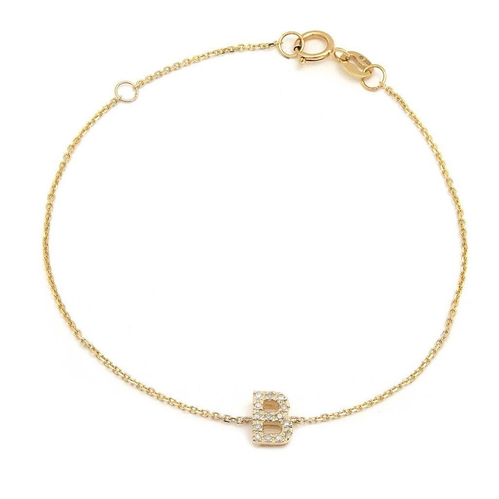 14K Real Yellow Gold  Initial ”B” Single Prong Diamond Bracelet 7+1″